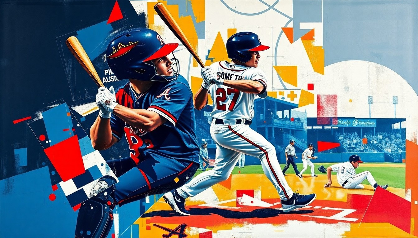 A cubist, geometric painting depicting Dominic Smith's powerful baseball swings and game-winning hits for the Atlanta Braves, with sharp, overlapping planes of navy blue, red, and white.
