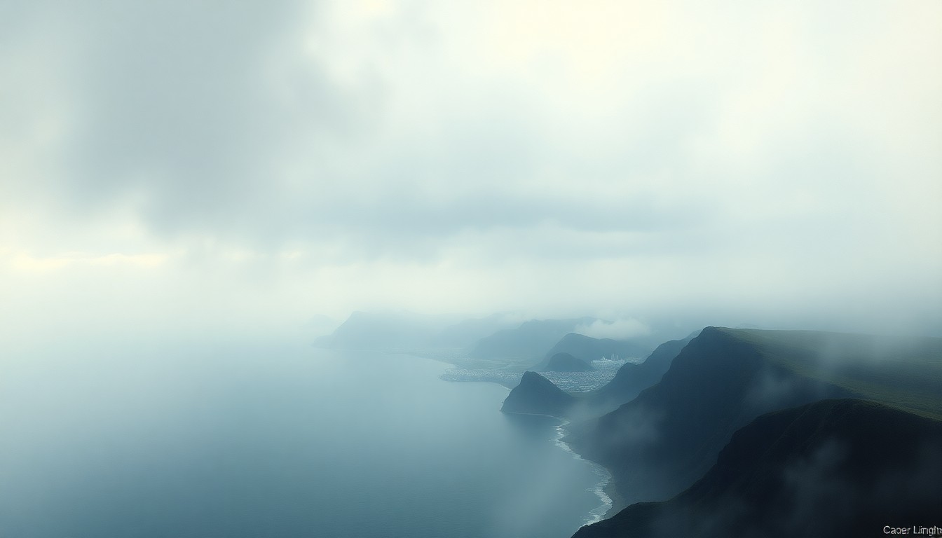 A sweeping, atmospheric landscape painting in muted tones of gray, blue, and green, depicting the rugged California coastline shrouded in heavy fog. The iconic Seaworld buildings can be faintly seen in the distance, dwarfed by the overwhelming scale of the natural environment.