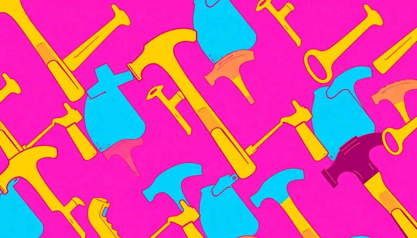 A brightly colored, high-contrast silkscreen print of a home repair tool such as a hammer or screwdriver, repeated in a tight grid pattern, conceptually representing the educational resources and expert guidance offered at the HomeWise Expo.