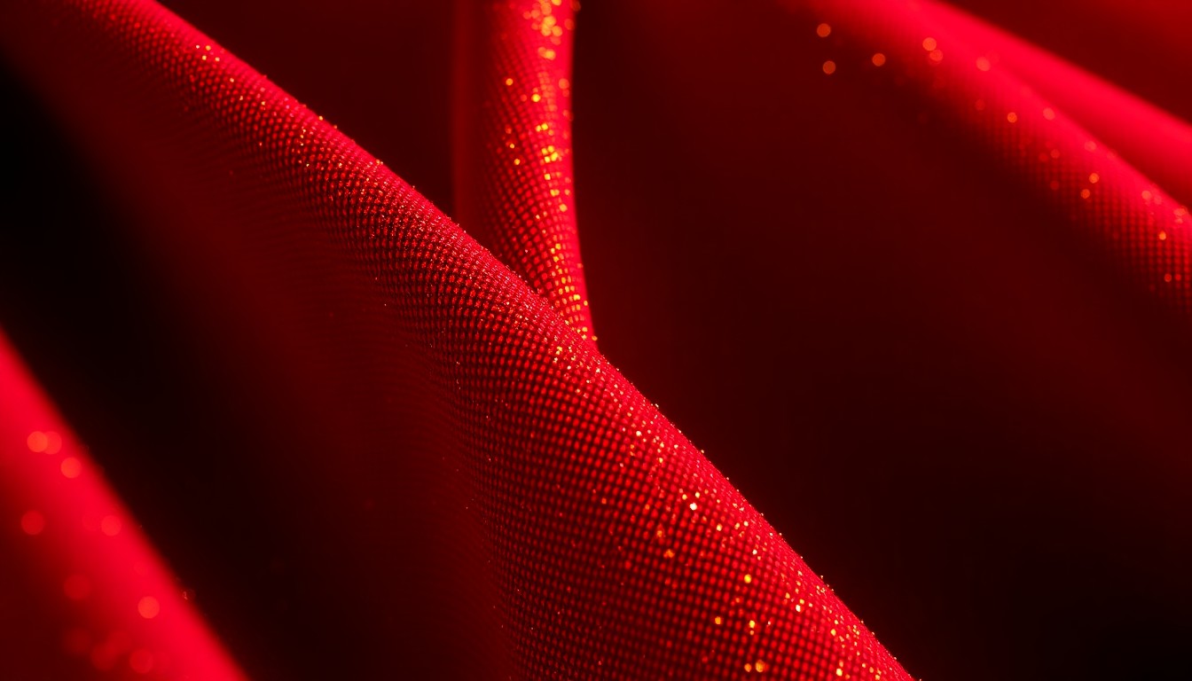 An extreme close-up photograph of a luxurious, textured fabric in rich shades of red, gold, and black, conceptually representing the glamour and energy of the entertainment industry.