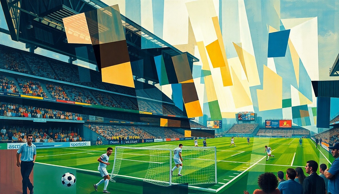 A fragmented, geometric painting depicting a football game or match, with sharp planes of color and shape representing the various players and movements on the field.