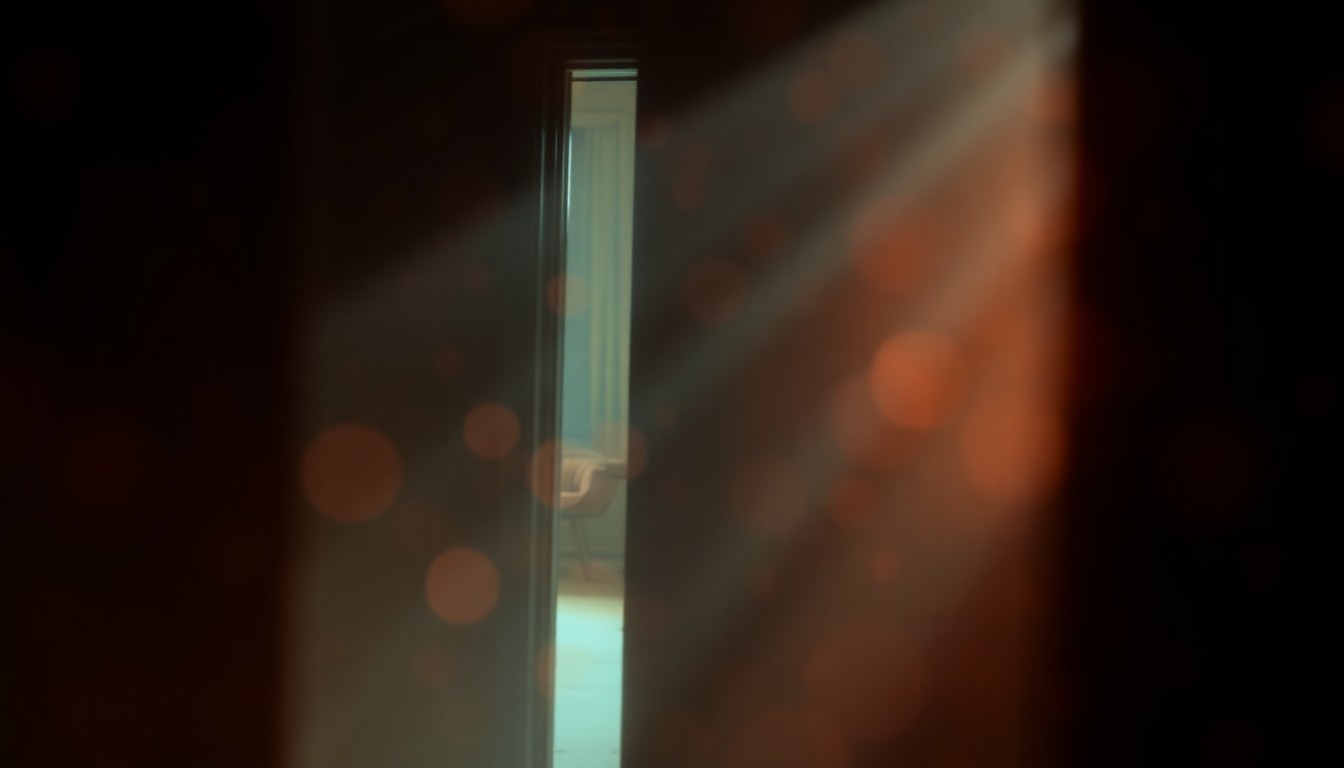 An abstract, impressionistic scene of a dimly lit, shadowy doorway or window frame, with soft, blurred pools of warm light and color, conceptually evoking the haunted atmosphere of the historic May-Stringer House.