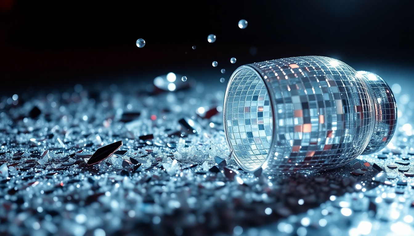 An abstract close-up photograph featuring a textured pattern of glittering sequins and shattered glass, conveying the glamorous, high-fashion atmosphere of Trish Stratus' 'Dish with Trish' event for wrestling fans.