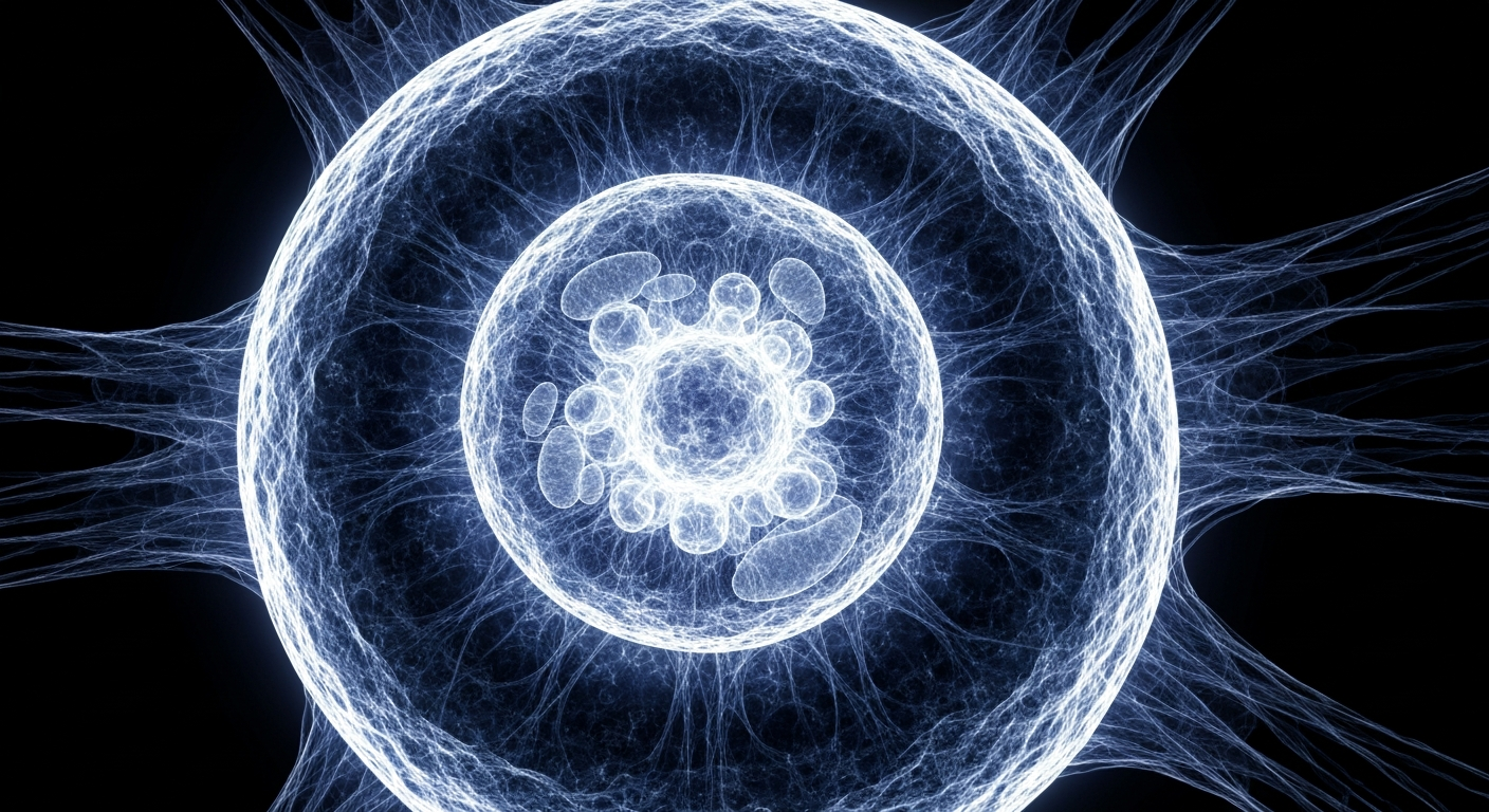 An abstract X-ray-like image showing the intricate internal structure of a cancer cell, with glowing ghostly lines defining its key biological components.