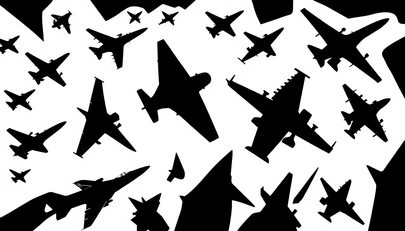 An abstract, minimalist illustration featuring stark black silhouettes of various aircraft in flight, conveying the high-energy aerial demonstrations that will be the highlight of the Thunder Over Louisville practice air show.
