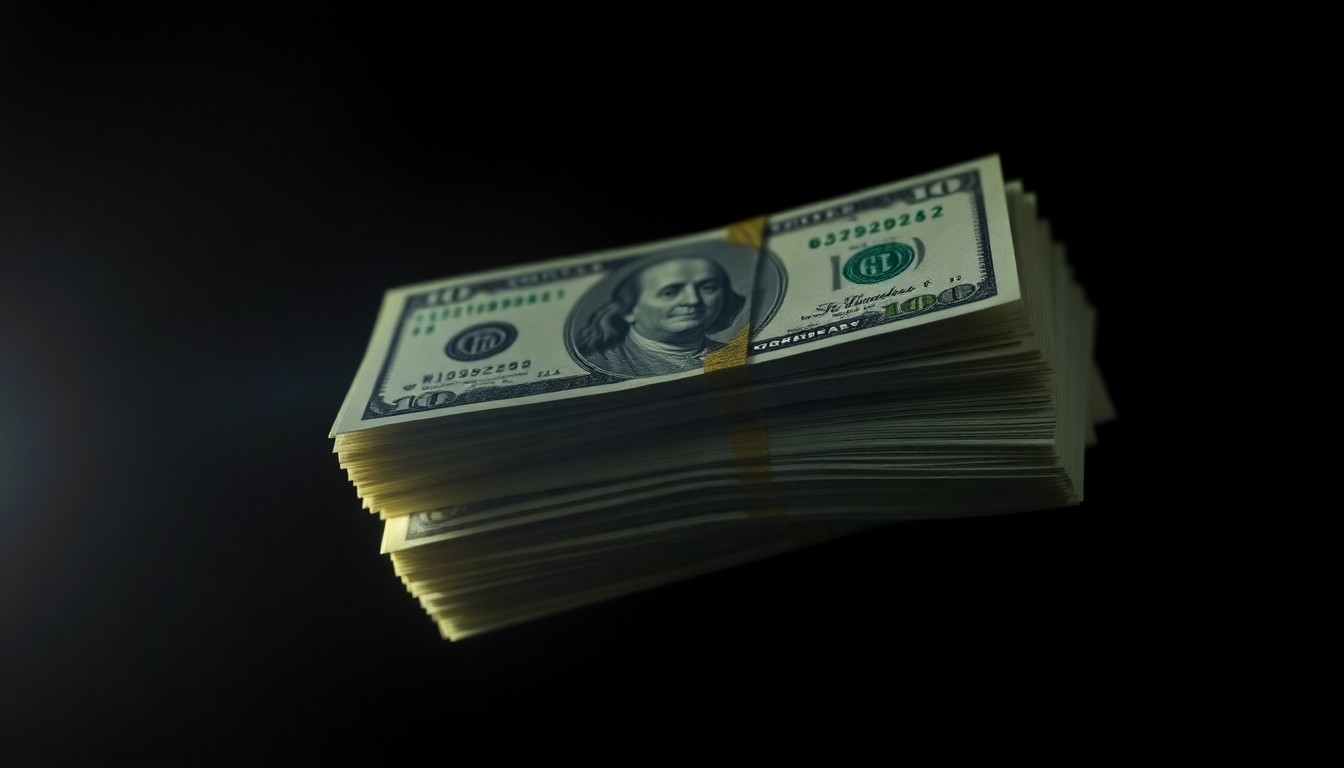 An extreme close-up photograph of a stack of cash bills lit by a harsh, direct camera flash against a pitch-black background, conceptually representing the money laundering aspect of this crime.