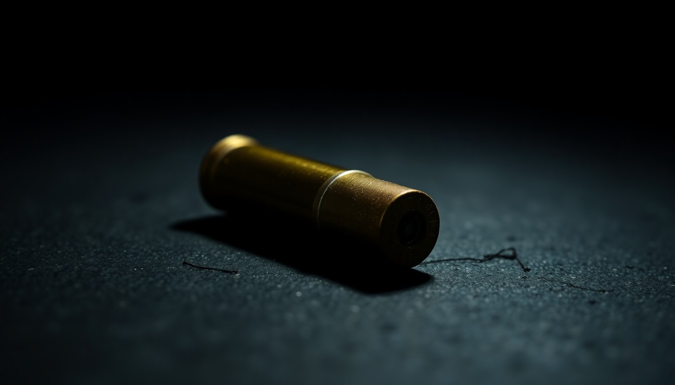 An extreme close-up of a spent bullet casing reflecting a bright flash of light, conceptually representing the aftermath of a shooting incident.