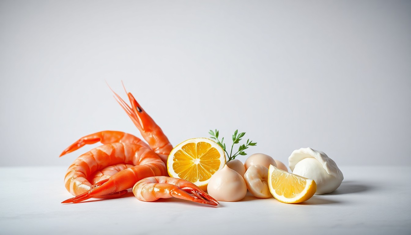 A high-end, photorealistic studio still-life photograph featuring a selection of fresh seafood ingredients like shrimp, scallops, and lemon wedges arranged elegantly on a clean, monochromatic seamless background, conceptually representing the premium quality and craftsmanship of The Fish Friar's cuisine.