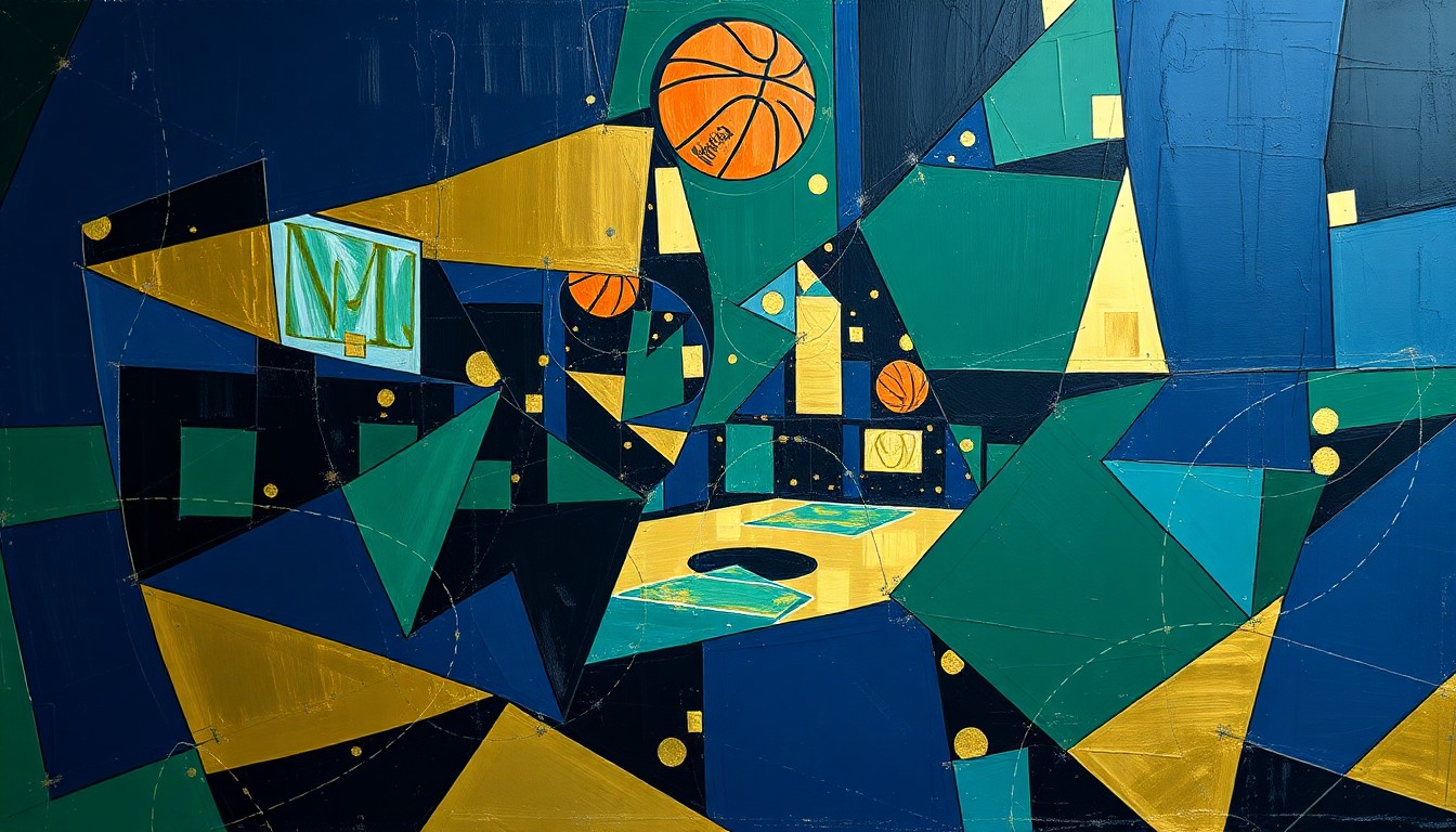 A fractured, multi-perspective painting in a cubist style, depicting a basketball game or match broken down into sharp, overlapping geometric planes in navy blue, forest green, and gold, capturing the energy and tension of the Hornets' playoff push.