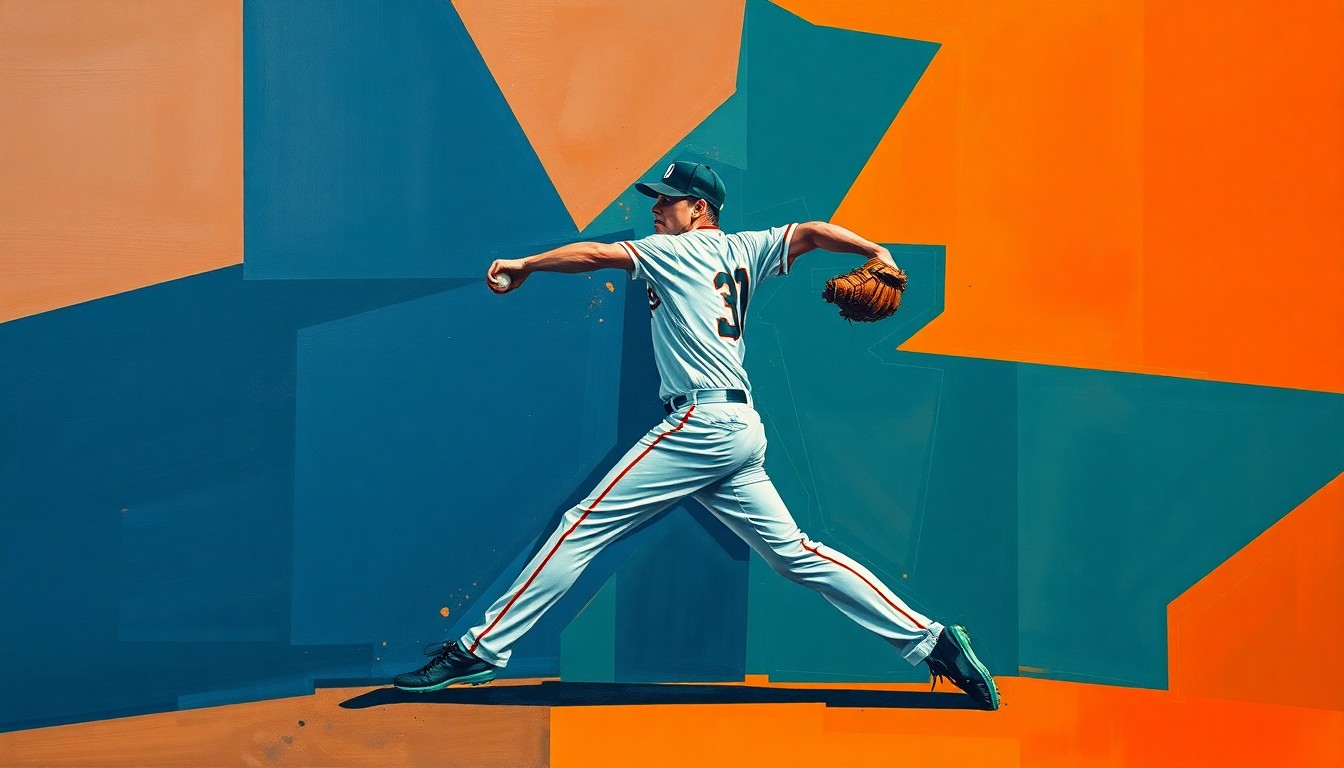A fractured, geometric painting depicting the motion of a baseball pitcher's windup and delivery, with sharp, overlapping planes of navy, green, and orange conveying the raw athleticism and strategic considerations behind the Dodgers' decision to limit Ohtani to pitching.