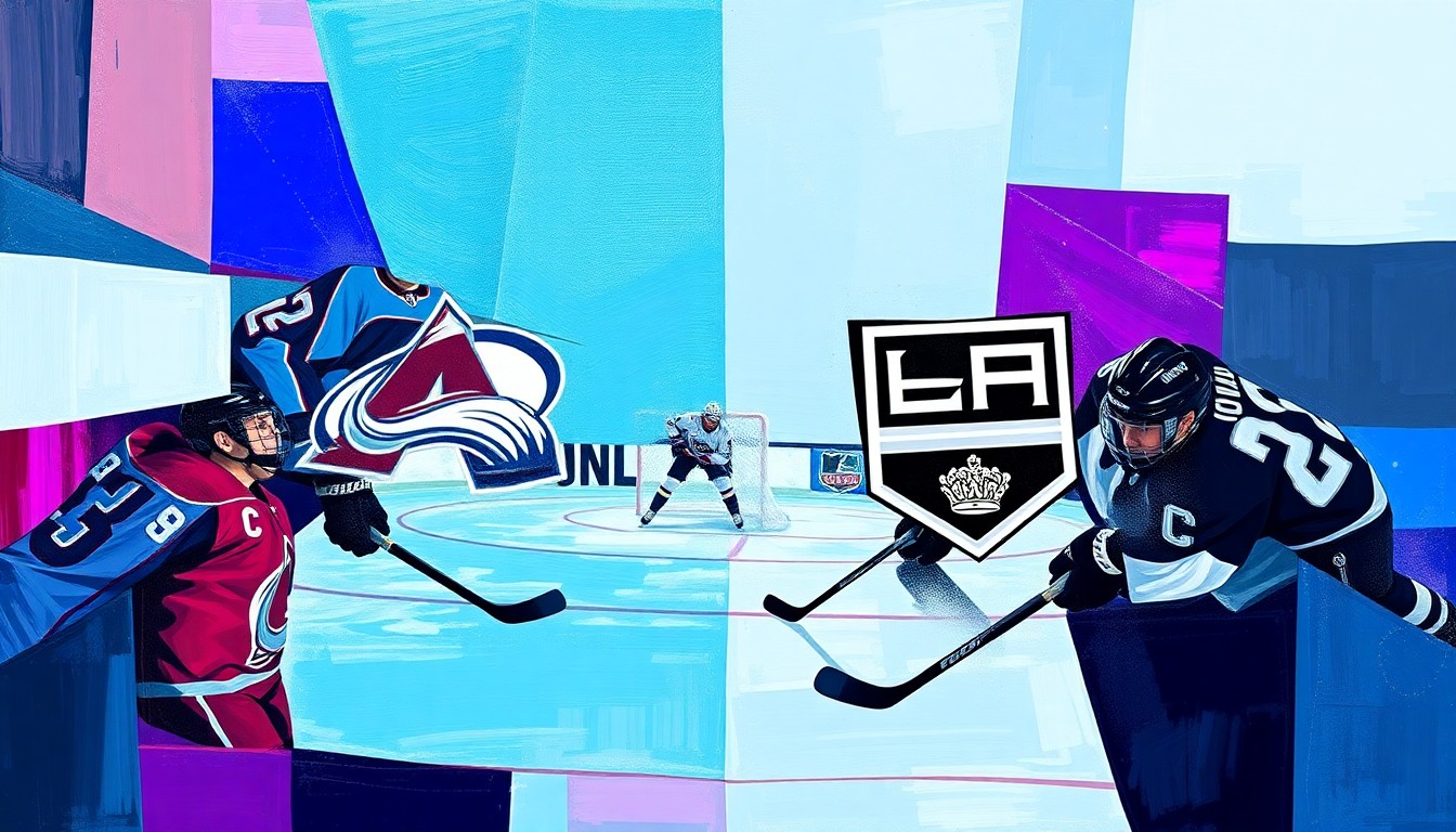 A cubist, geometric painting depicting the action of a hockey game, with the players and ice surface broken down into overlapping planes of color representing the uniforms of the Colorado Avalanche and Los Angeles Kings.