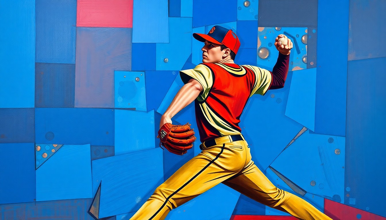 A cubist, geometric painting depicting the fractured, multi-angled motion of a baseball pitcher's windup and delivery, using bold colors to conceptually represent the competitive free agent market for elite relief pitchers.
