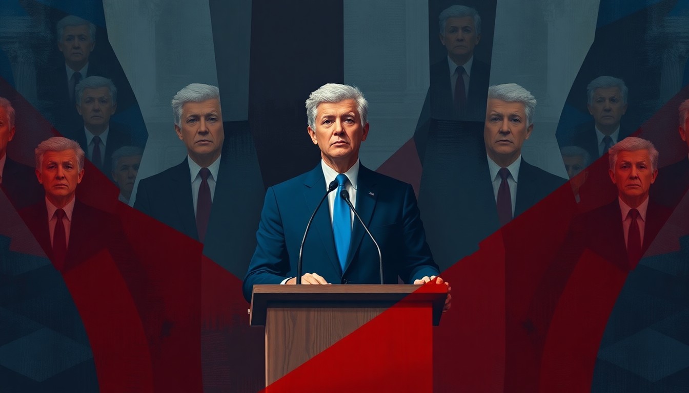 A fractured, abstract painting of a politician at a podium, repeated in overlapping geometric shapes in muted tones of blue, grey, and red, conveying a sense of political tension and division.