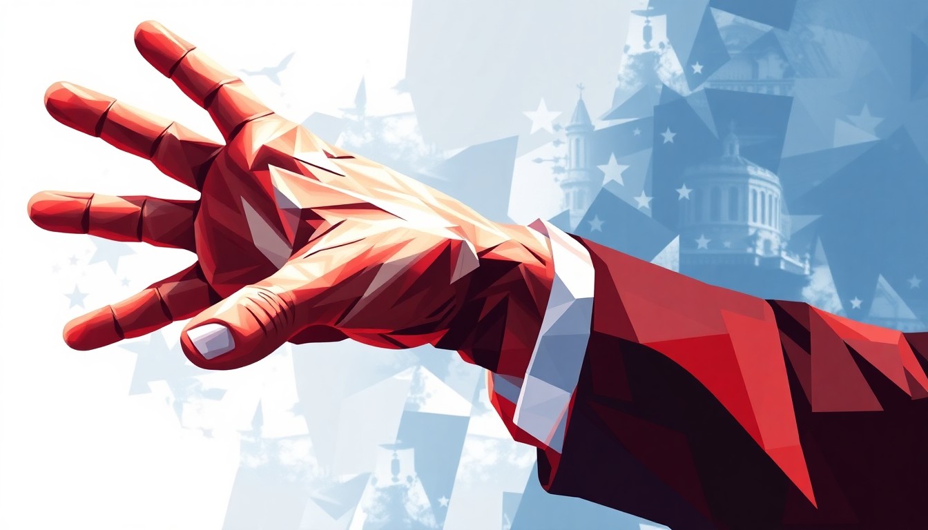 A dynamic, abstract painting featuring overlapping, geometric shapes and waves of red, white, and blue, conveying a sense of political turmoil and fragmentation.