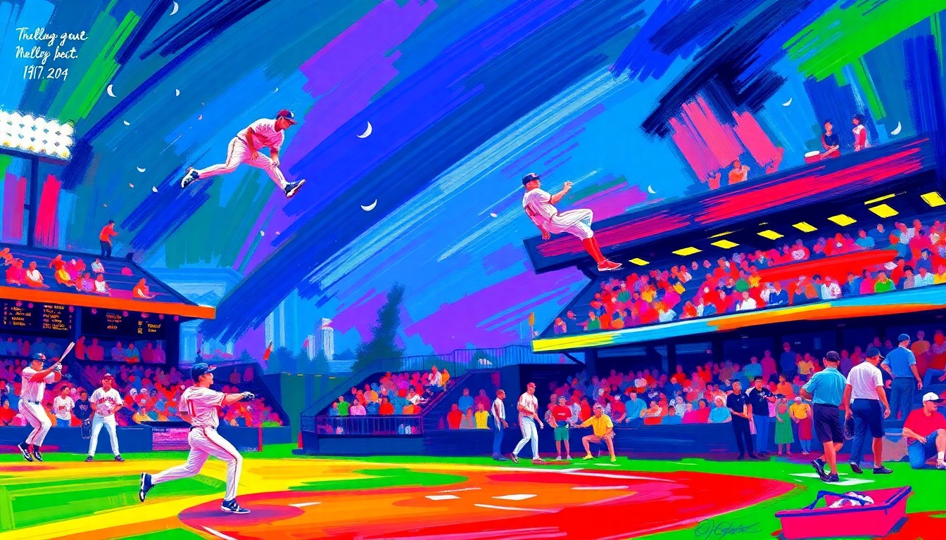 An abstract, expressionist painting in neon colors depicting the dynamic motion and energy of a college baseball game, with players' forms dissolving into vibrant brushstrokes.