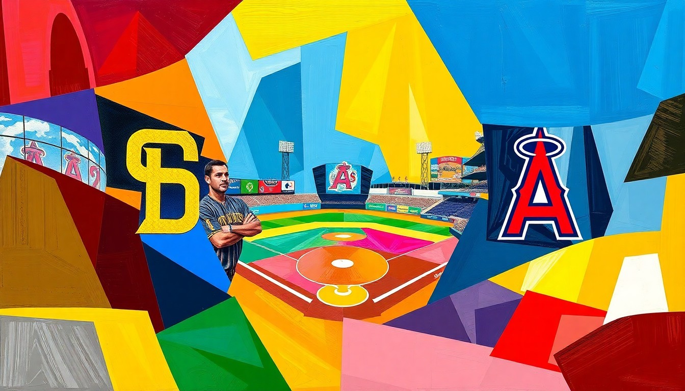 A fractured, multi-perspective painting featuring sharp, overlapping geometric planes in the teams' official colors, capturing the energy and intensity of a high-stakes baseball matchup.