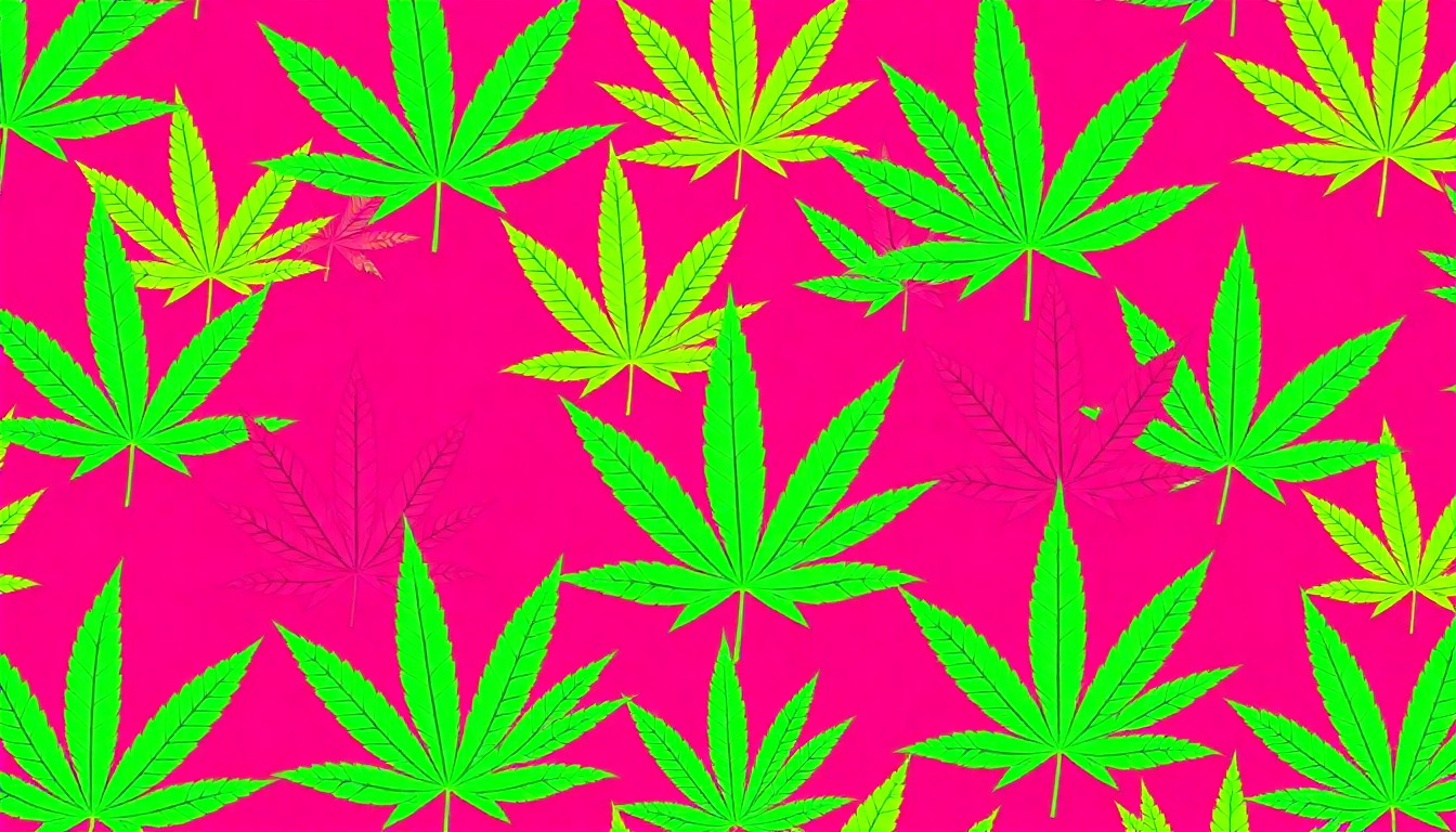 A bold, colorful silkscreen-style illustration featuring a repeating pattern of a cannabis leaf in vibrant neon hues, conceptually representing the growing mainstream embrace of cannabis culture.
