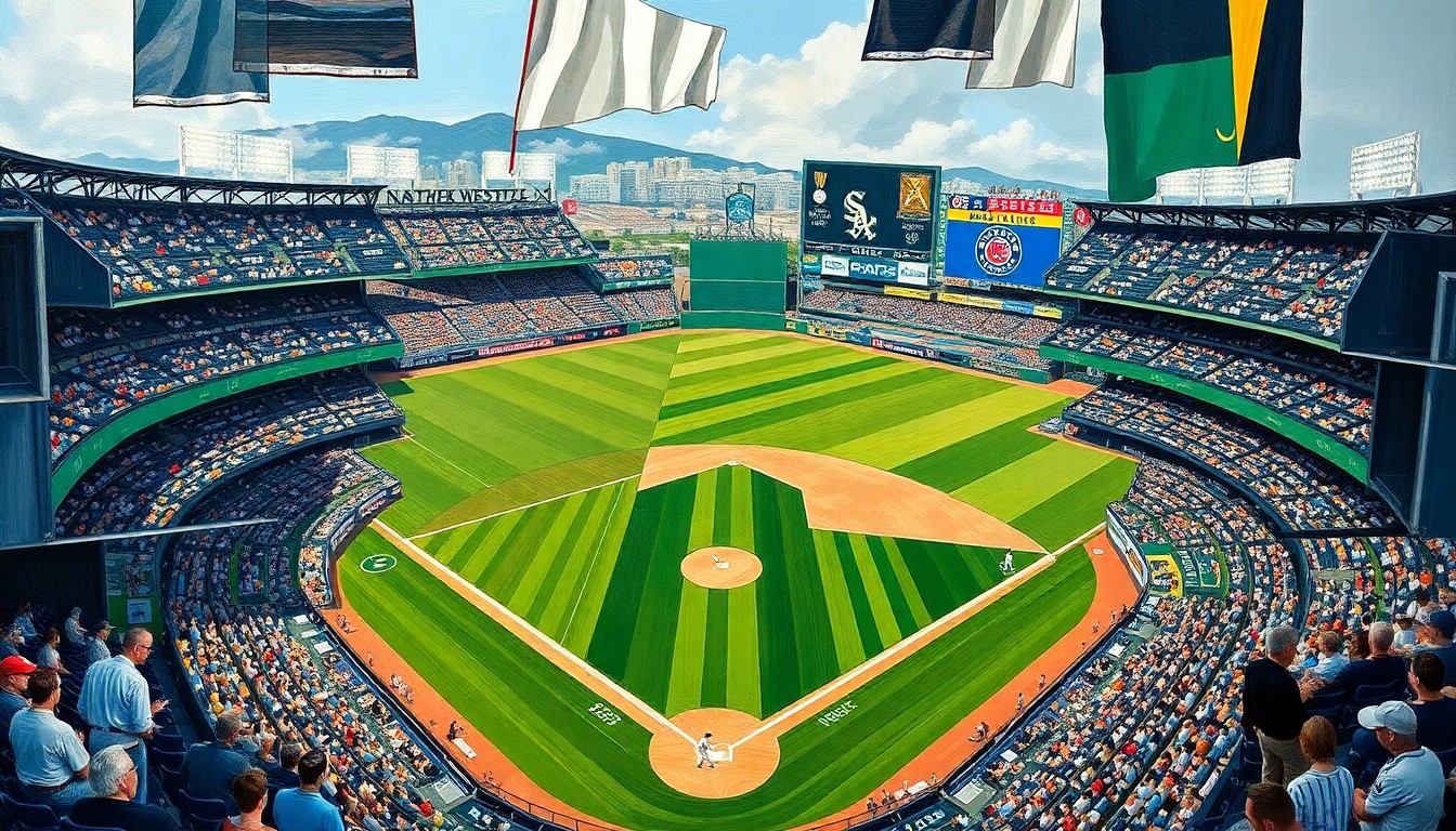 A fragmented, geometric painting depicting a baseball game between two teams, the shapes and planes representing the dynamic action and competition on the field.