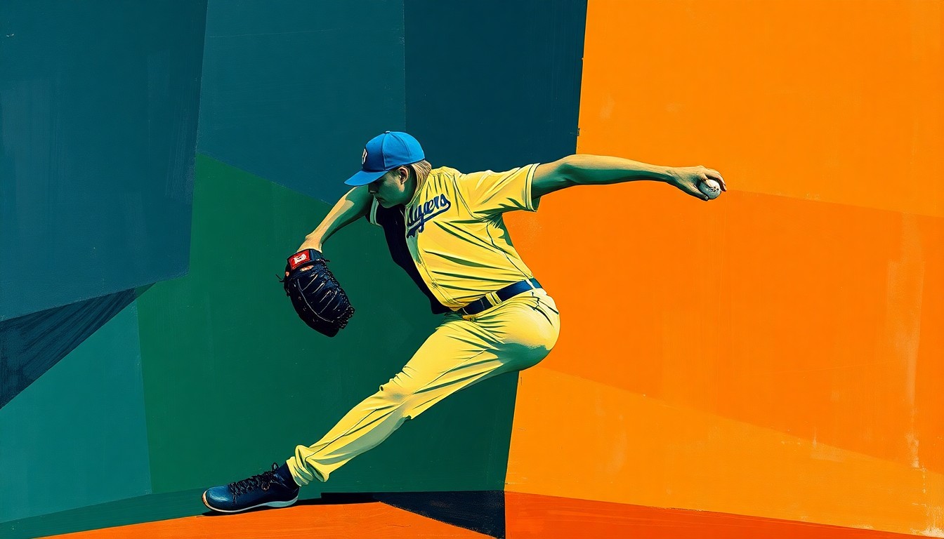 A cubist, geometric painting depicting the various movements and angles of a baseball pitcher's delivery, with sharp, overlapping planes of navy, green, and orange.