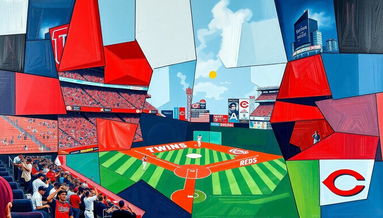 A cubist, geometric painting featuring overlapping planes of navy blue, red, and white, representing the clash between the Minnesota Twins and Cincinnati Reds baseball teams.