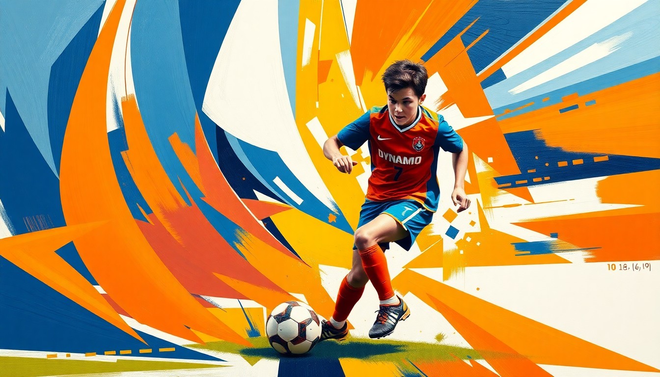 A fragmented, geometric painting in bold colors depicting the dynamic movements of a young soccer player, conveying the energy and potential of a homegrown talent.