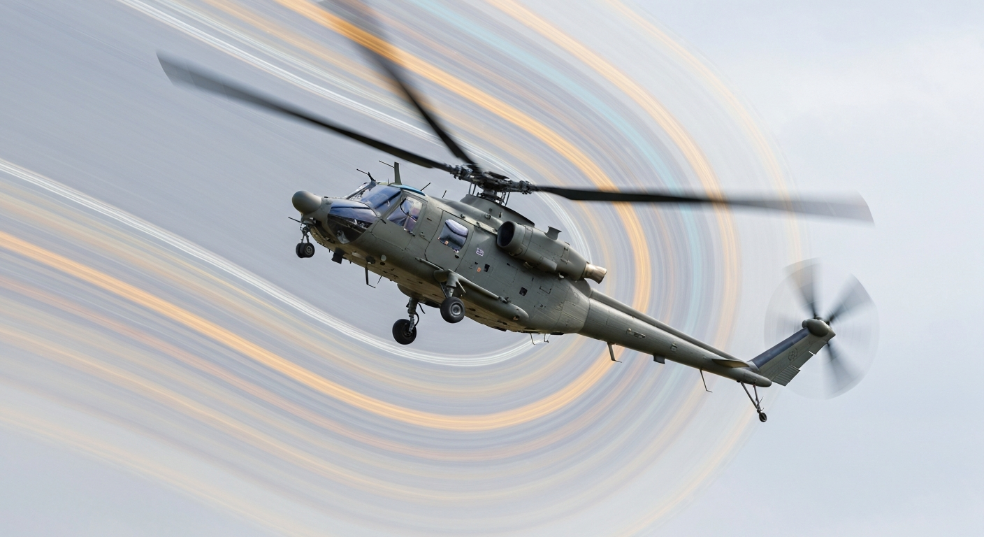 An abstract, sweeping blur of vibrant colors and dynamic motion, representing the speed and power of the new MV-75 Cheyenne II military helicopter.