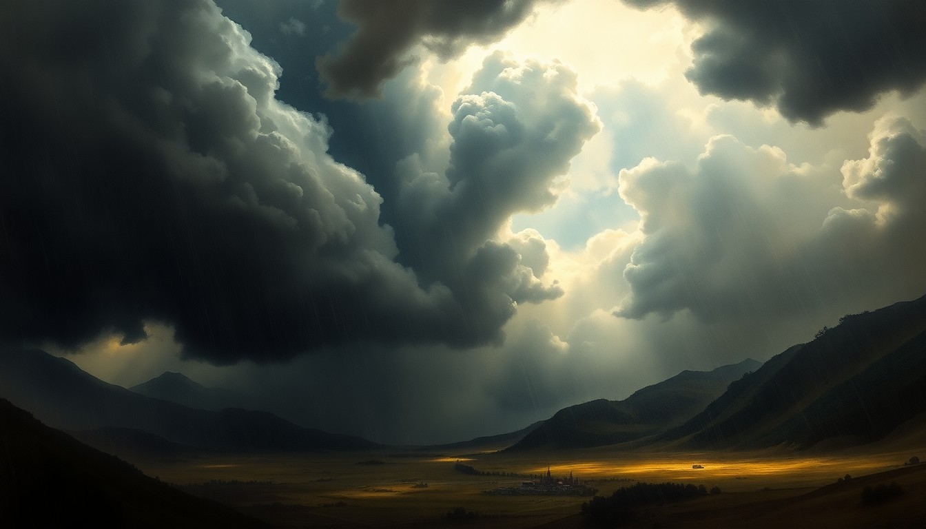 A dramatic, atmospheric landscape painting depicting a massive, swirling storm system with dark, ominous clouds and heavy rain, dwarfing any physical structures or objects caught within the scene.