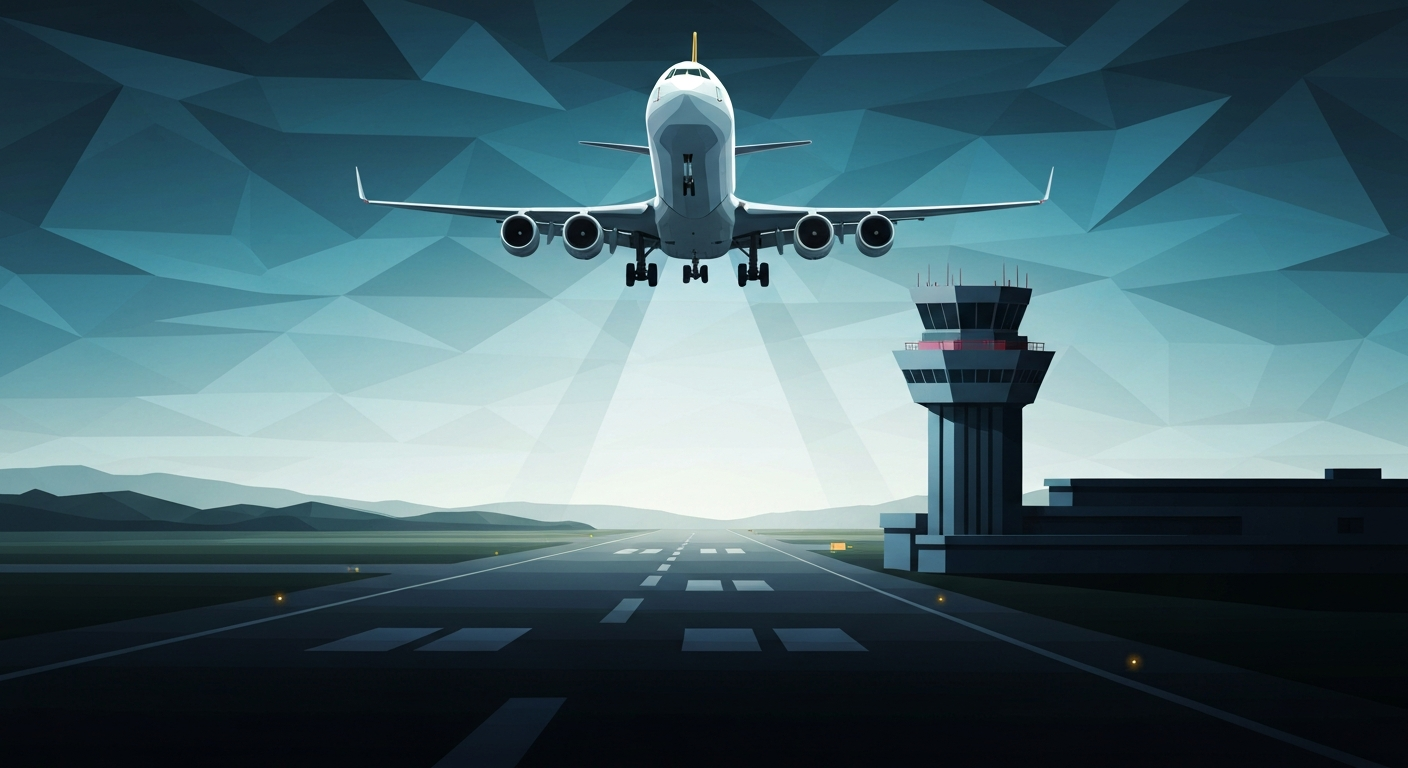 A bold, geometric illustration depicting a UPS cargo jet soaring high above a stylized airport control tower, conveying a sense of tension and urgency around the near-miss incident without depicting any literal people, vehicles, or text.