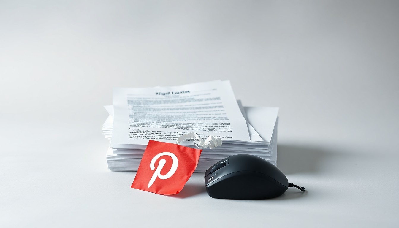A photorealistic studio still life featuring a stack of legal documents, a broken computer mouse, and a crumpled Pinterest logo, symbolizing the legal and financial challenges facing the social media company.