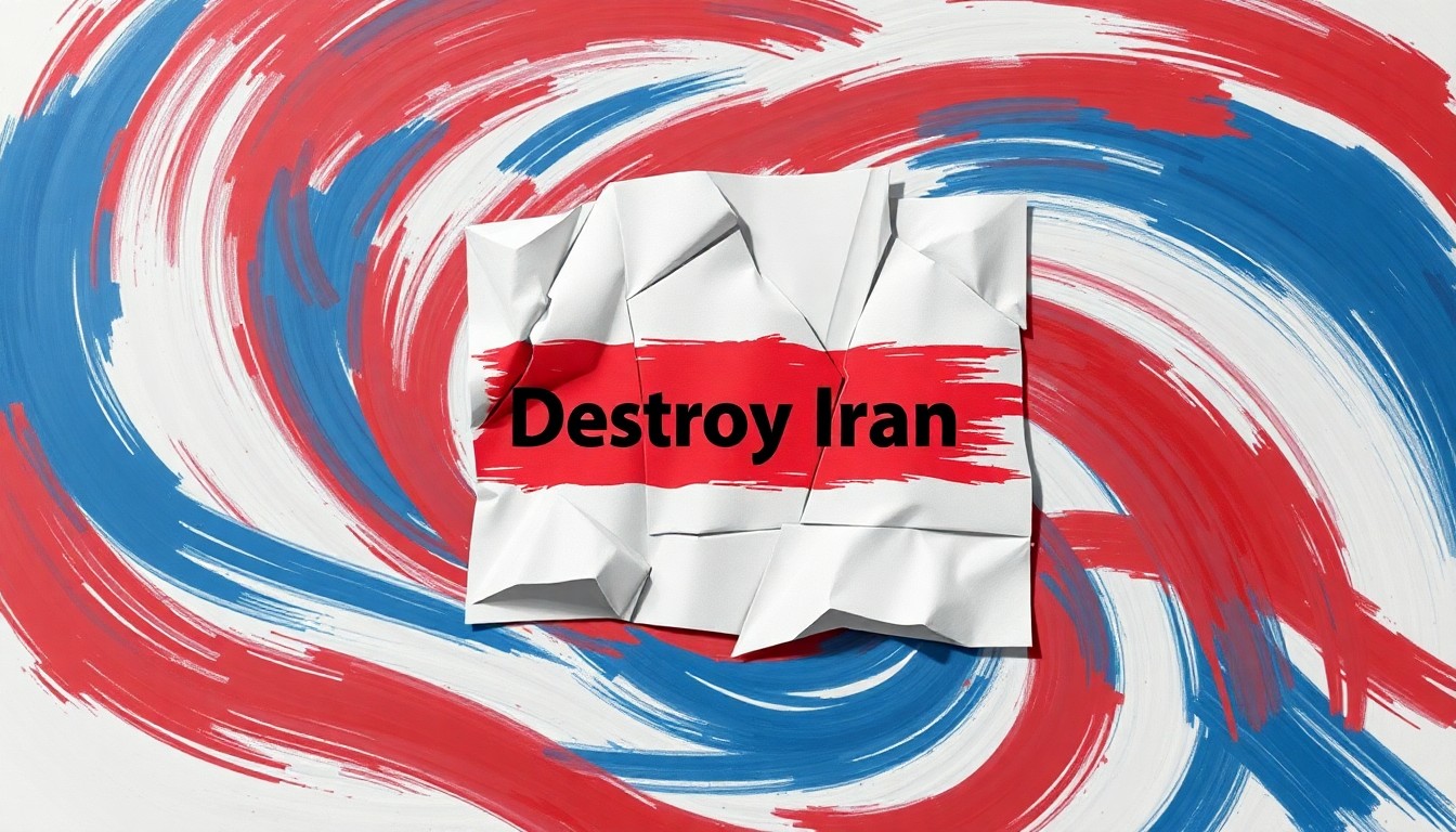 A dynamic, fragmented painting in bold colors depicts a social media post with the text 