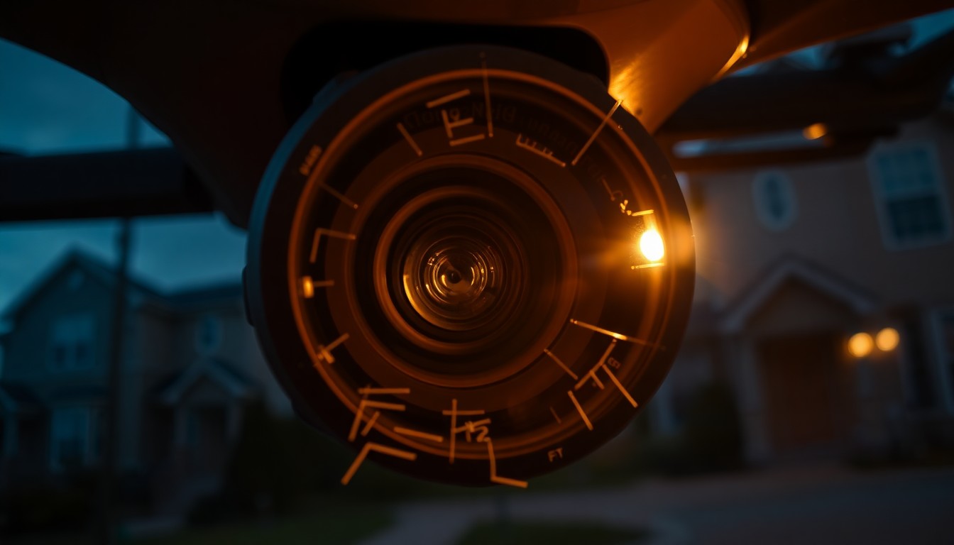 An extreme close-up photograph of a broken drone camera lens reflecting the harsh light of a police flashlight, conceptually illustrating the tense law enforcement operation in a residential neighborhood.