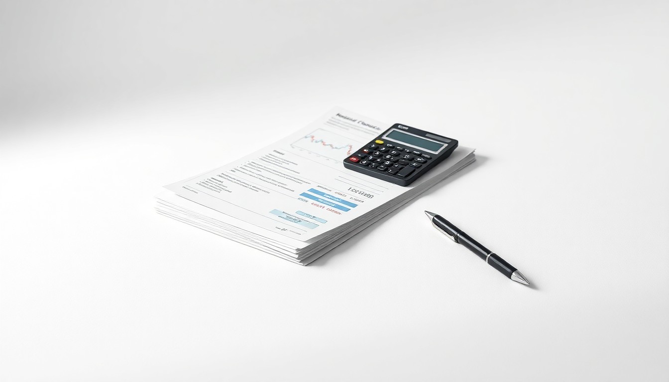 A photorealistic studio still life featuring a stack of stock trading documents, a calculator, and a pen arranged elegantly on a clean, monochromatic background, symbolizing the abstract concepts of corporate finance, risk, and market volatility.