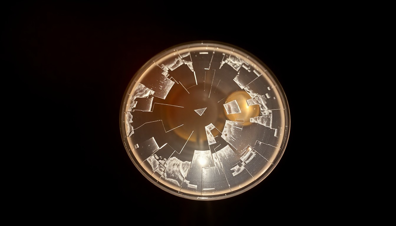 An extreme close-up of a shattered motorcycle part, such as a mirror or turn signal lens, reflecting a harsh, bright light against a dark background, conceptually illustrating the aftermath of a high-speed motorcycle crash.