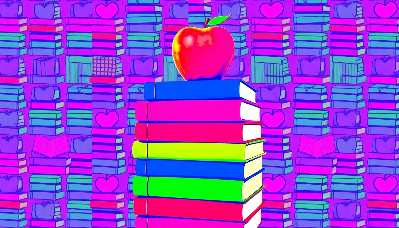 A vibrant, high-contrast silkscreen print of stacked textbooks and a teacher's apple repeated in a grid, capturing the essence of the student teacher stipend program through iconic educational imagery.