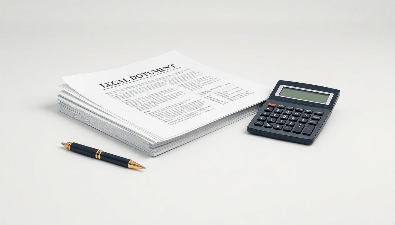 A photorealistic studio still life featuring a stack of legal documents, a pen, and a calculator arranged on a clean, monochromatic background, symbolizing the abstract concepts of corporate litigation, regulatory scrutiny, and financial risk.