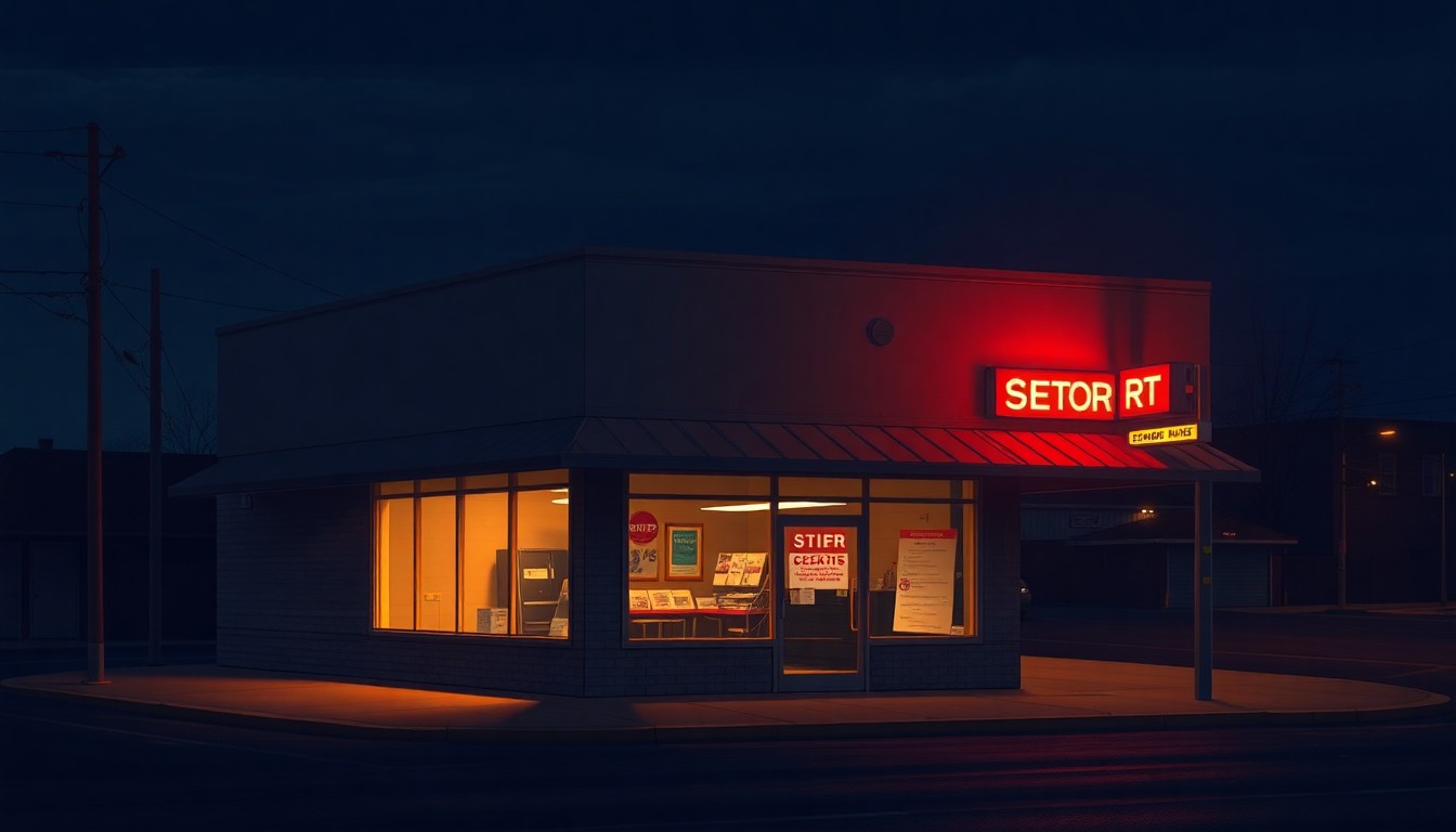 A dimly lit corner store at dusk, with a warm glow from the setting sun casting long shadows across the storefront. The scene has a quiet, cinematic quality, capturing the solitary nature of the small business in an urban setting.