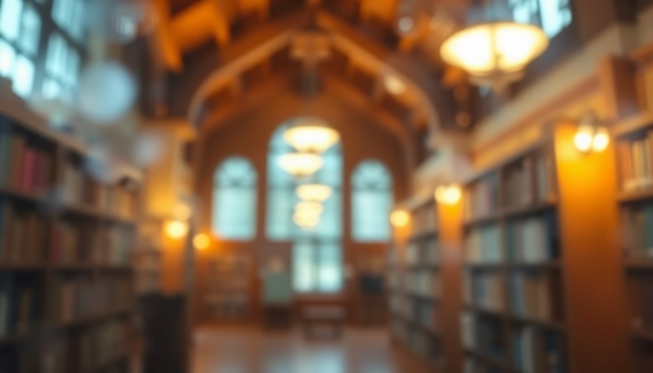 An abstract, impressionistic scene of a library interior, with soft, blurred shapes of bookshelves and reading nooks in a warm, inviting color palette, conveying a sense of community and the value of knowledge.