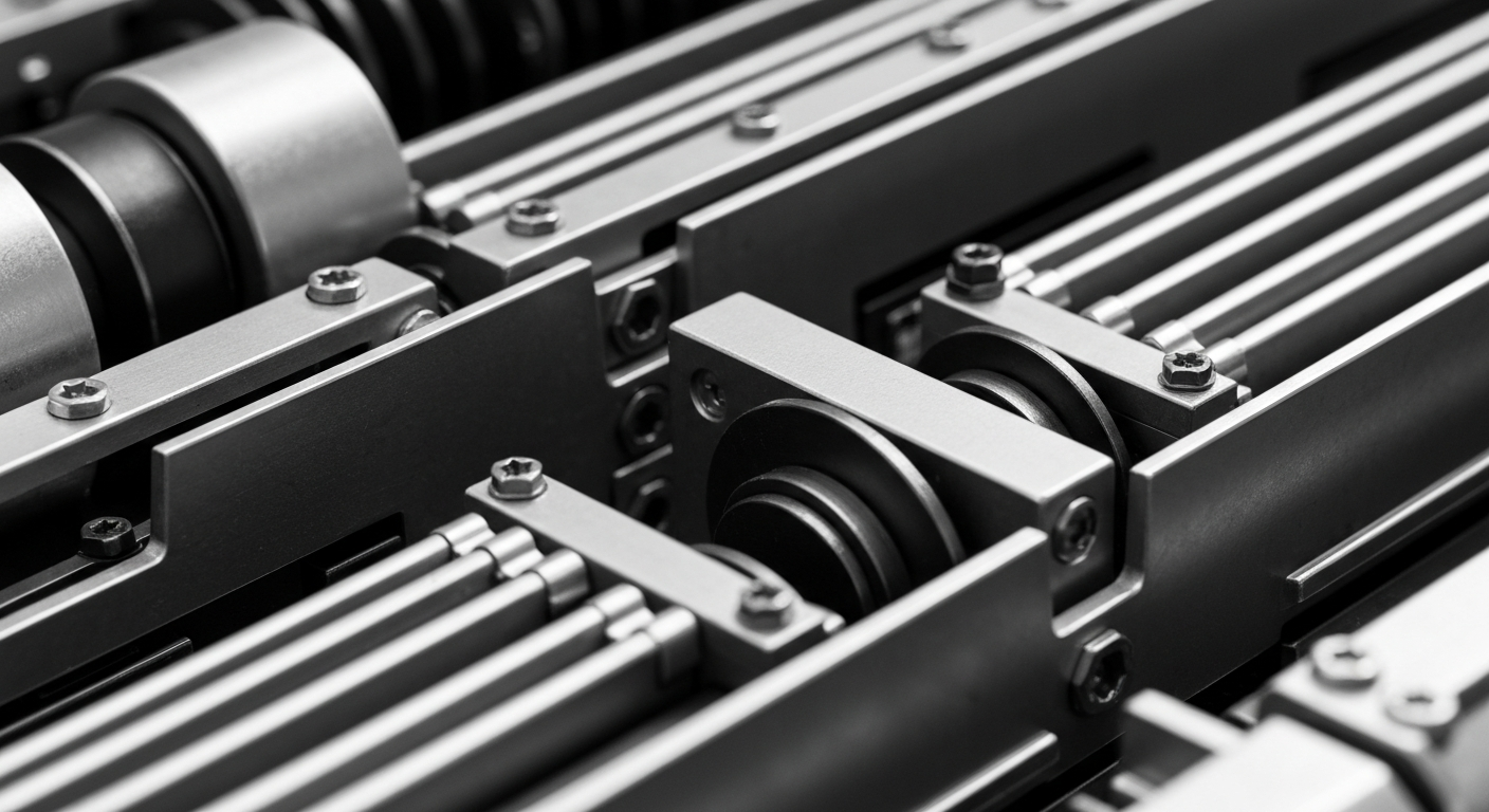 An extreme close-up photograph of complex, industrial banking equipment and machinery in shades of silver, steel, and black, representing the secure, institutional infrastructure of the financial system.
