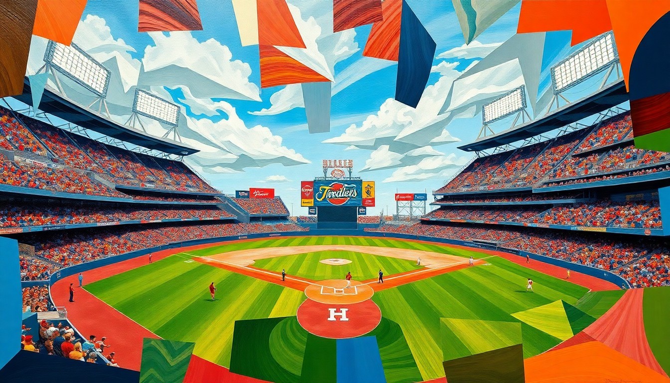 A fragmented, geometric painting depicting a baseball game between the St. Louis Cardinals and Houston Astros, with sharp planes of color representing the players, field, and stadium.