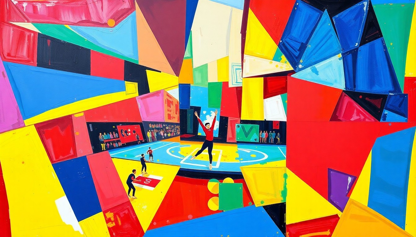 A fractured, cubist-style painting depicting a gymnastics competition, with overlapping geometric shapes in bright primary colors representing the various events and movements.