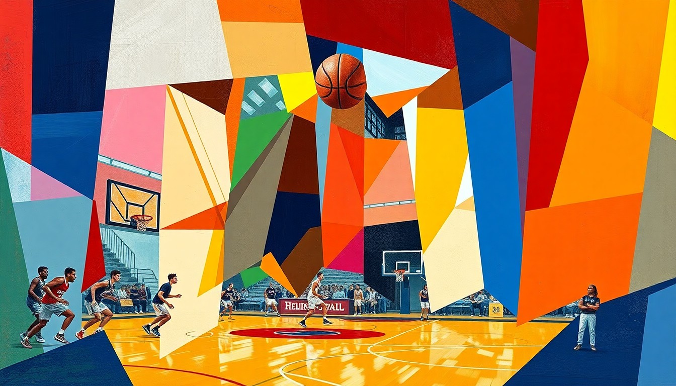 A fractured, cubist-style painting depicting the motion and action of a basketball game, with sharp geometric shapes and planes in the official colors of Helix High School representing the athletic prowess of the young Bill Walton.
