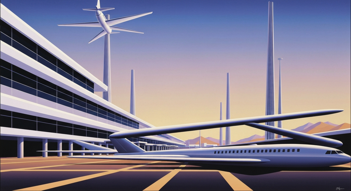 A highly stylized, geometric illustration depicting the grand scale and streamlined forms of an airport terminal, capturing the energy and momentum of air travel without any literal depictions.