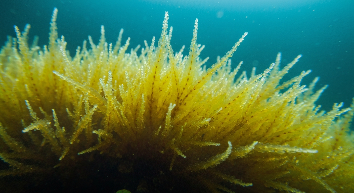 An extreme close-up X-ray photograph showing the intricate, glowing internal structures of a blue-green algae colony, conceptually illustrating the environmental health hazard detected in a local waterway.