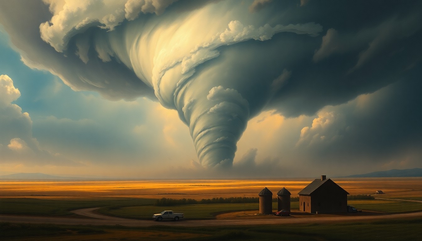 A vast, majestic landscape painting depicting a tornado in the distance, its swirling vortex dominating the scene and conveying the overwhelming power of the natural disaster.