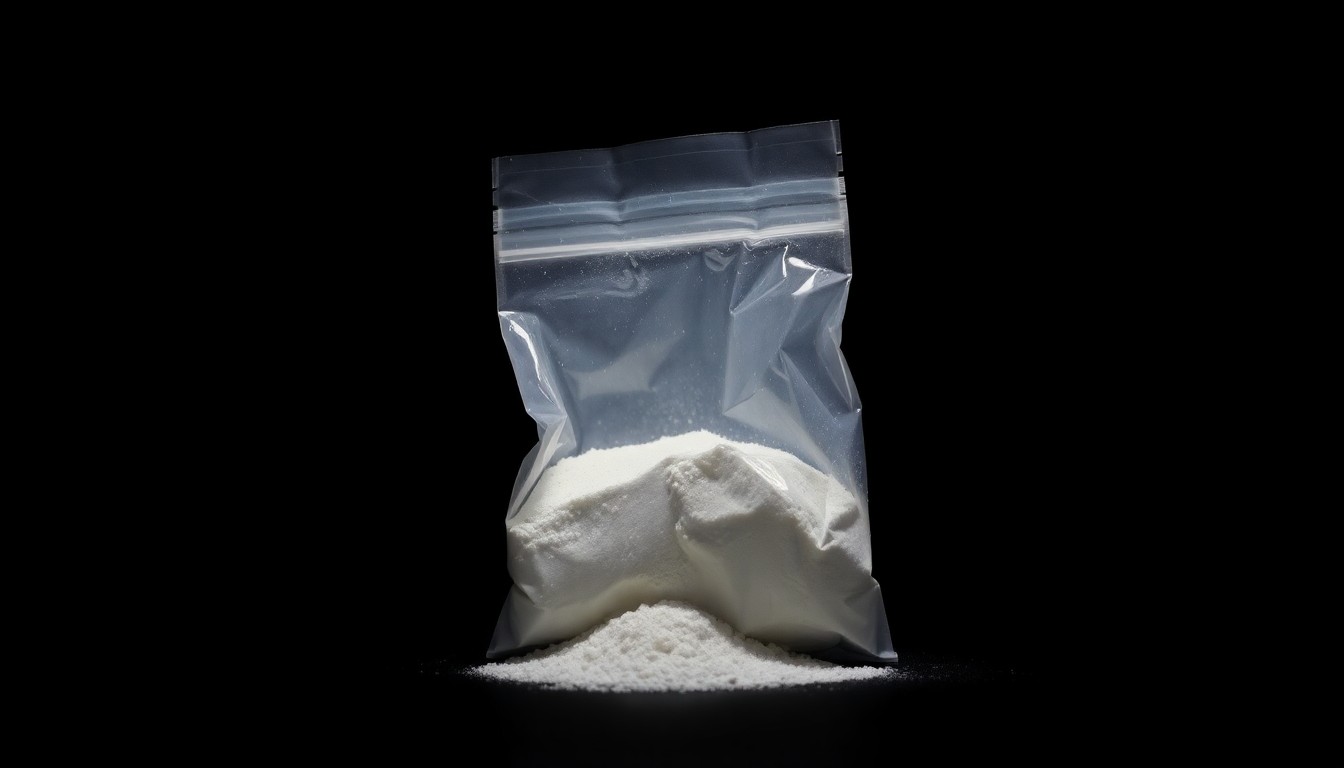 An extreme close-up photograph of a small plastic bag containing an unidentified white powder substance, capturing the stark, gritty aesthetic of a crime scene investigation.