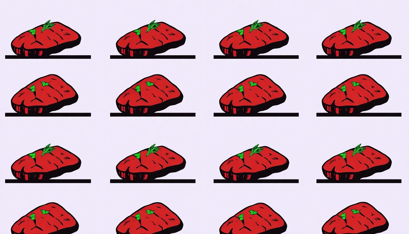 A vibrant, pop art-inspired illustration featuring a repeated grid of a single, iconic steak dish in bold, neon colors, conceptually representing the arrival of a renowned chef's new restaurant in Bonita Springs.