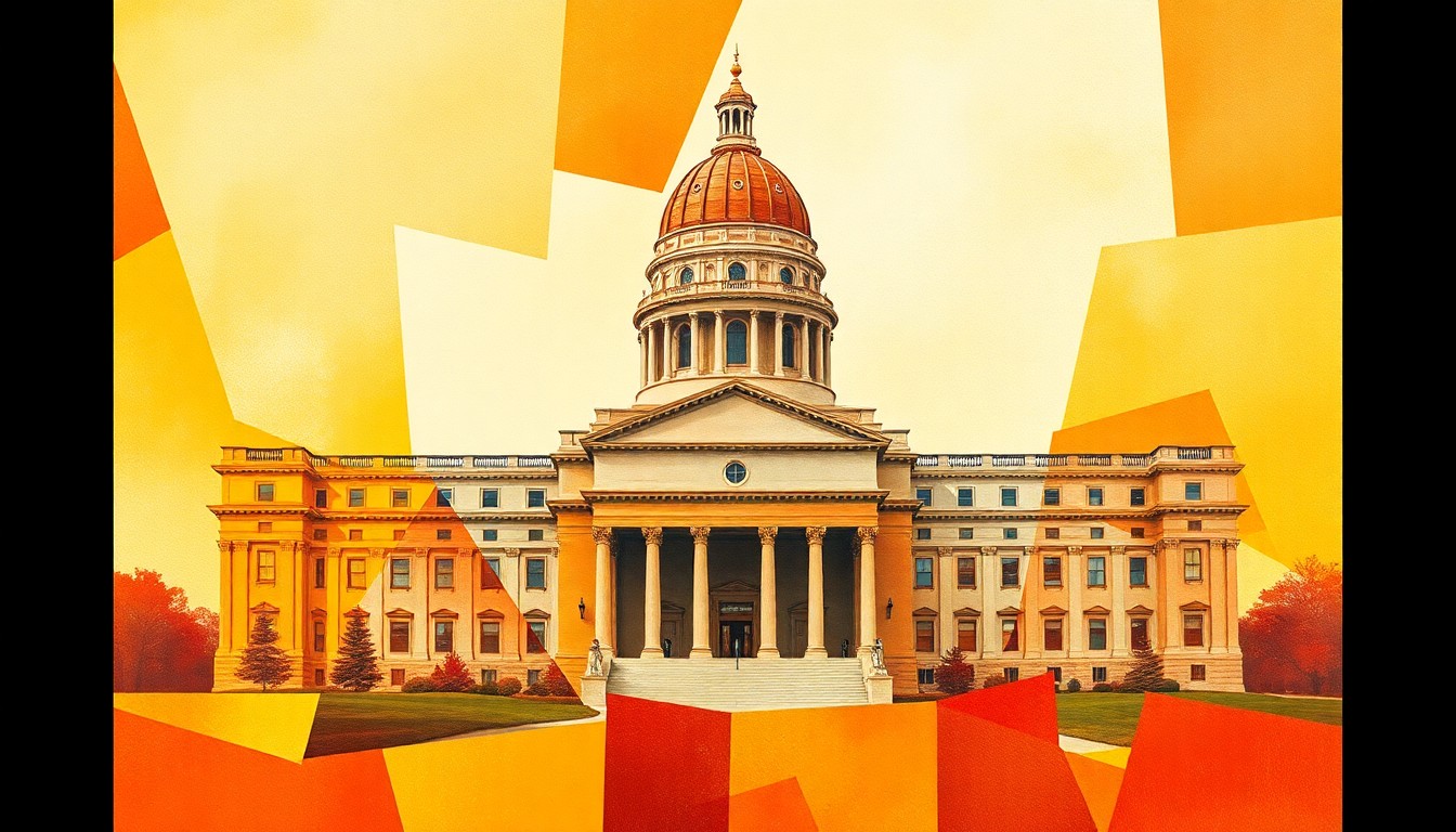 A dynamic, abstract painting of an Iowa state capitol building rendered in overlapping, fractured geometric shapes and vibrant warm colors, conveying a sense of political energy and change.