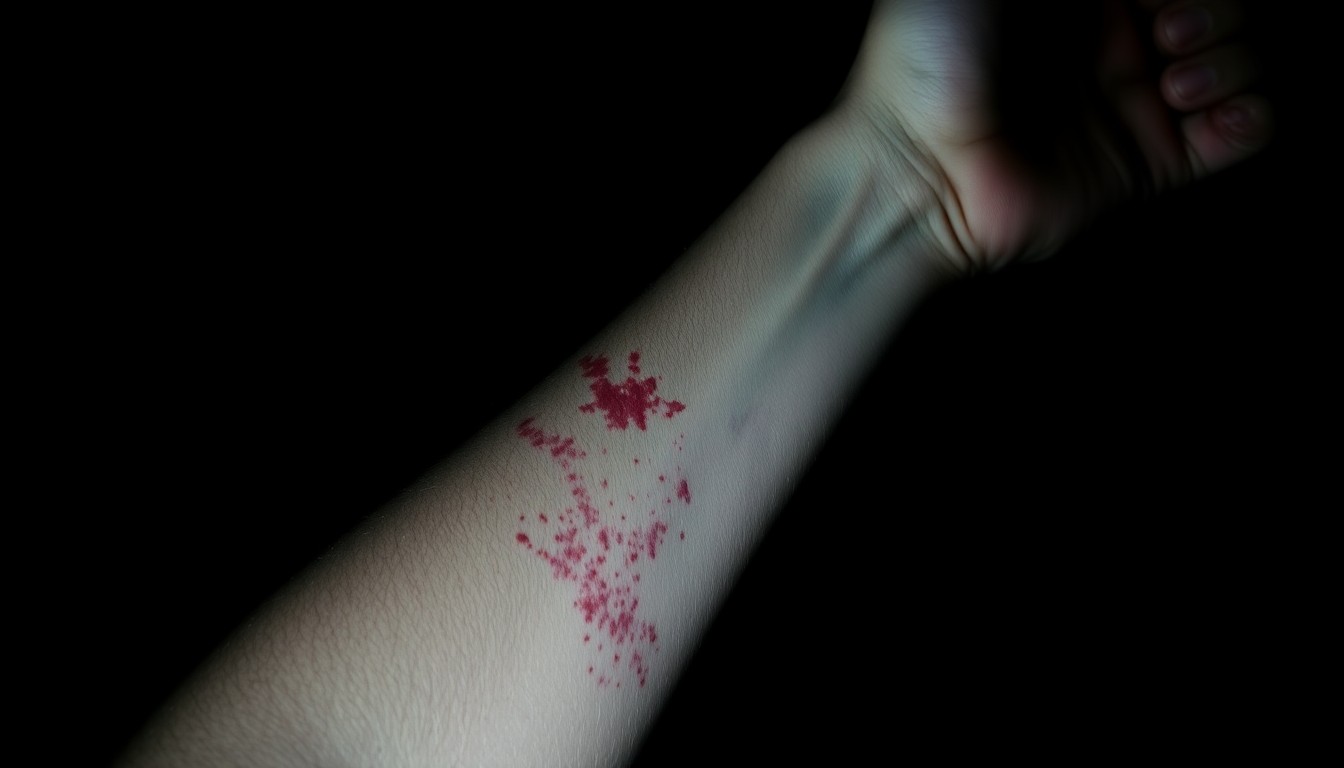 An extreme close-up photograph of a bruised and scratched human arm, conceptually illustrating the physical injuries sustained in a domestic violence incident.