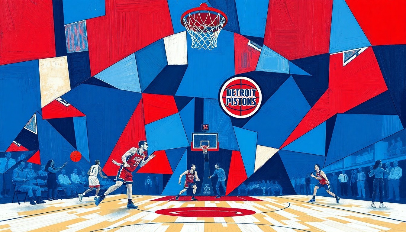 A cubist, geometric painting depicting a basketball game, with overlapping planes of blue, red, and white representing the Detroit Pistons' colors and the dynamic action of the sport.