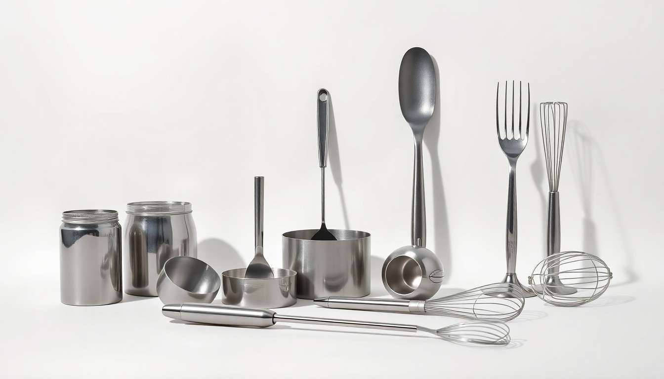 A photorealistic studio still life featuring a collection of shiny metal baking tools and utensils arranged elegantly on a plain white background, conveying a sense of innovation and technological advancement in the food manufacturing industry.